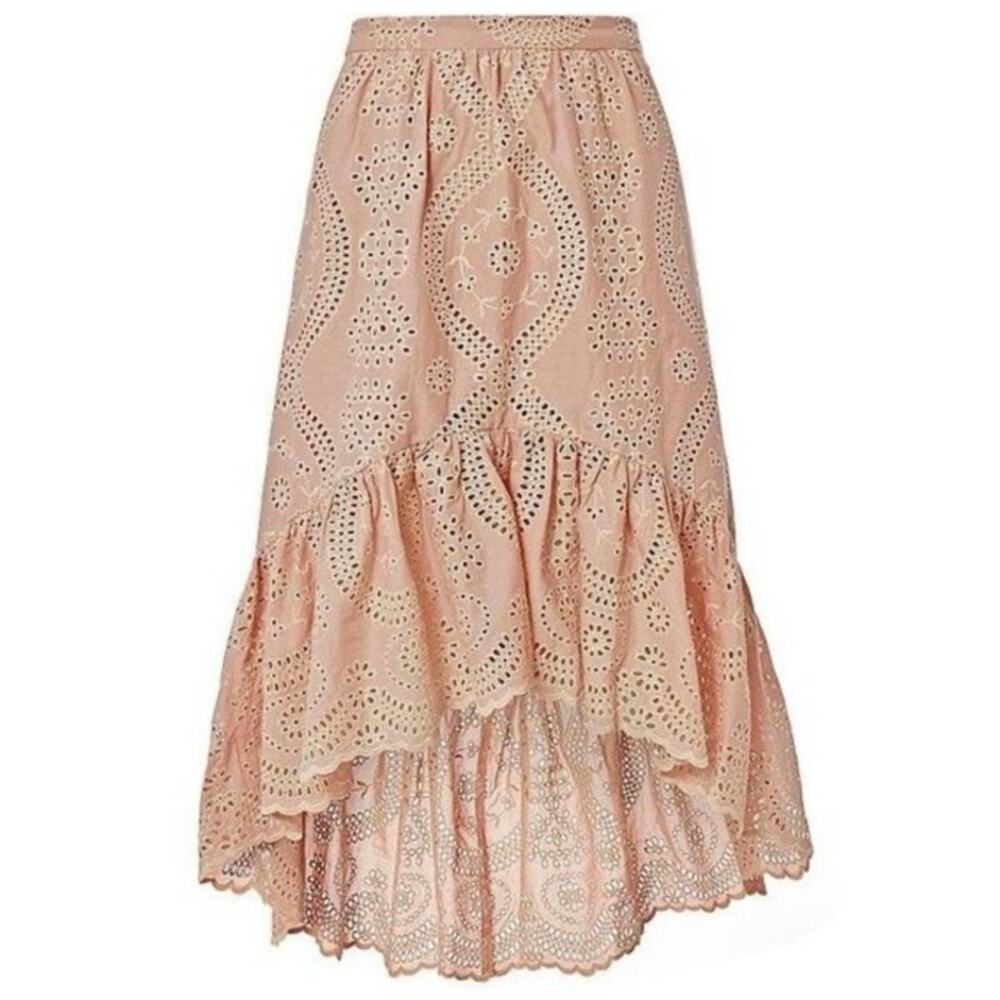 Gorg Rare Vintage LoveShackFancy Pam High-Low Eyelet Skirt in Dusty Rose